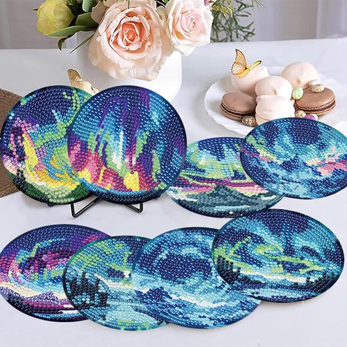 8 Pack Diamond Art Coasters, Northern Lights Diamond Painting Coasters Kits |