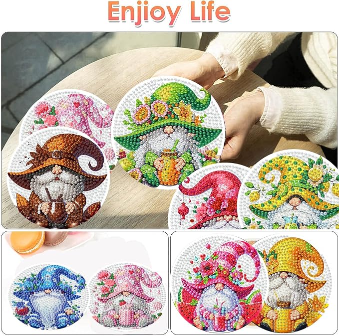ijbnhd 8 Pack Diamond Art Coasters Kits Gnome | Diamond Painting Coasters Kit