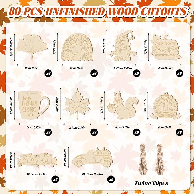 Subacy 80 PCS Unfinished Thanksgiving Wood Cutouts 10 Styles DIY Wooden Crafts