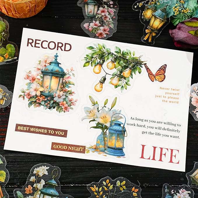 60PCS PET Stickers – Whimsical Mandala Florals, Fantasy Animals & Vintage Lamps