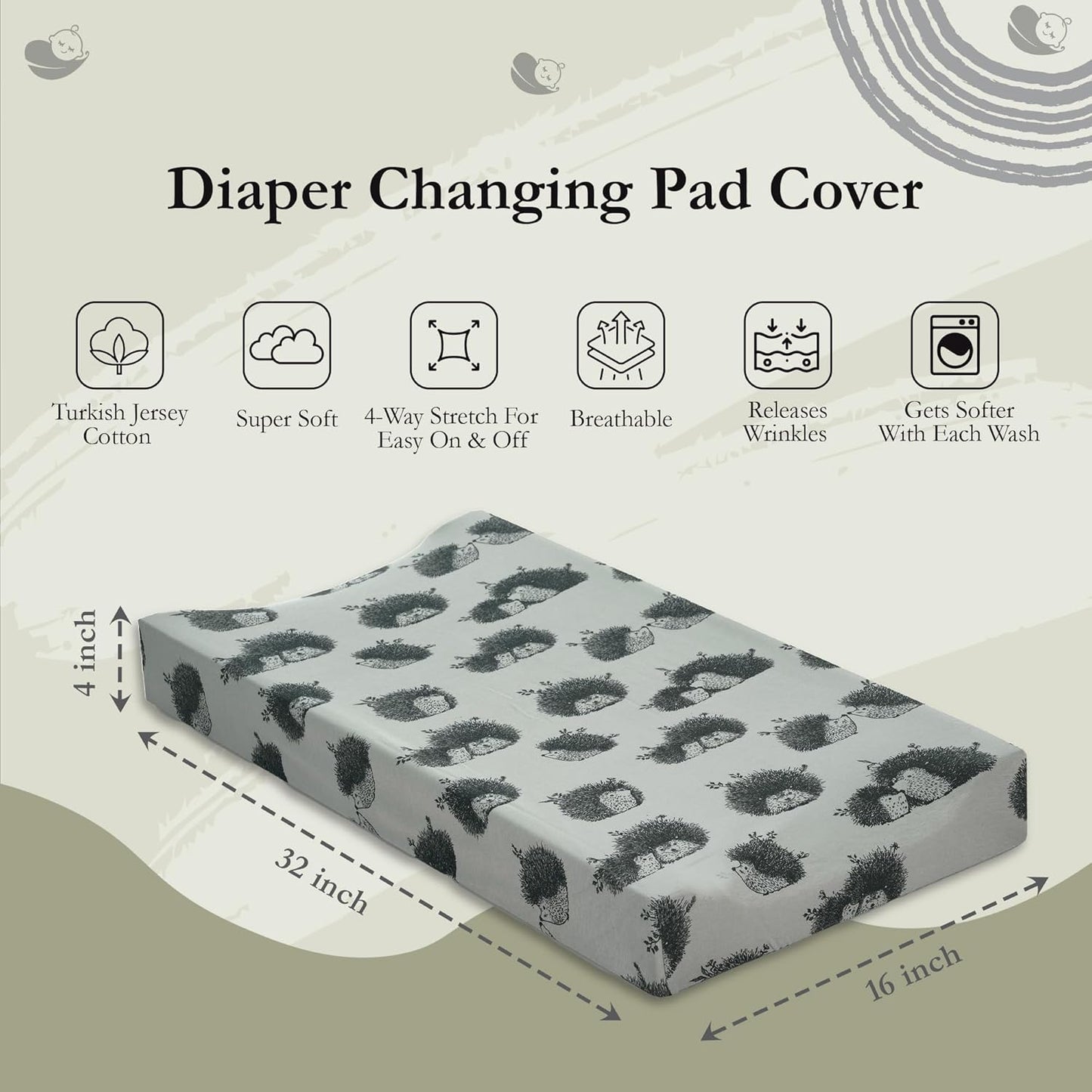 Oilo Changing Pad Cover, Breathable 100% Turkish Cotton Fitted Jersey, 300 Thread Count, Machine Washable, Fits Standard Changing Pads (32" x 16"), Girl, Boy, & Neutral Nursery Design, Olive Hedgehog
