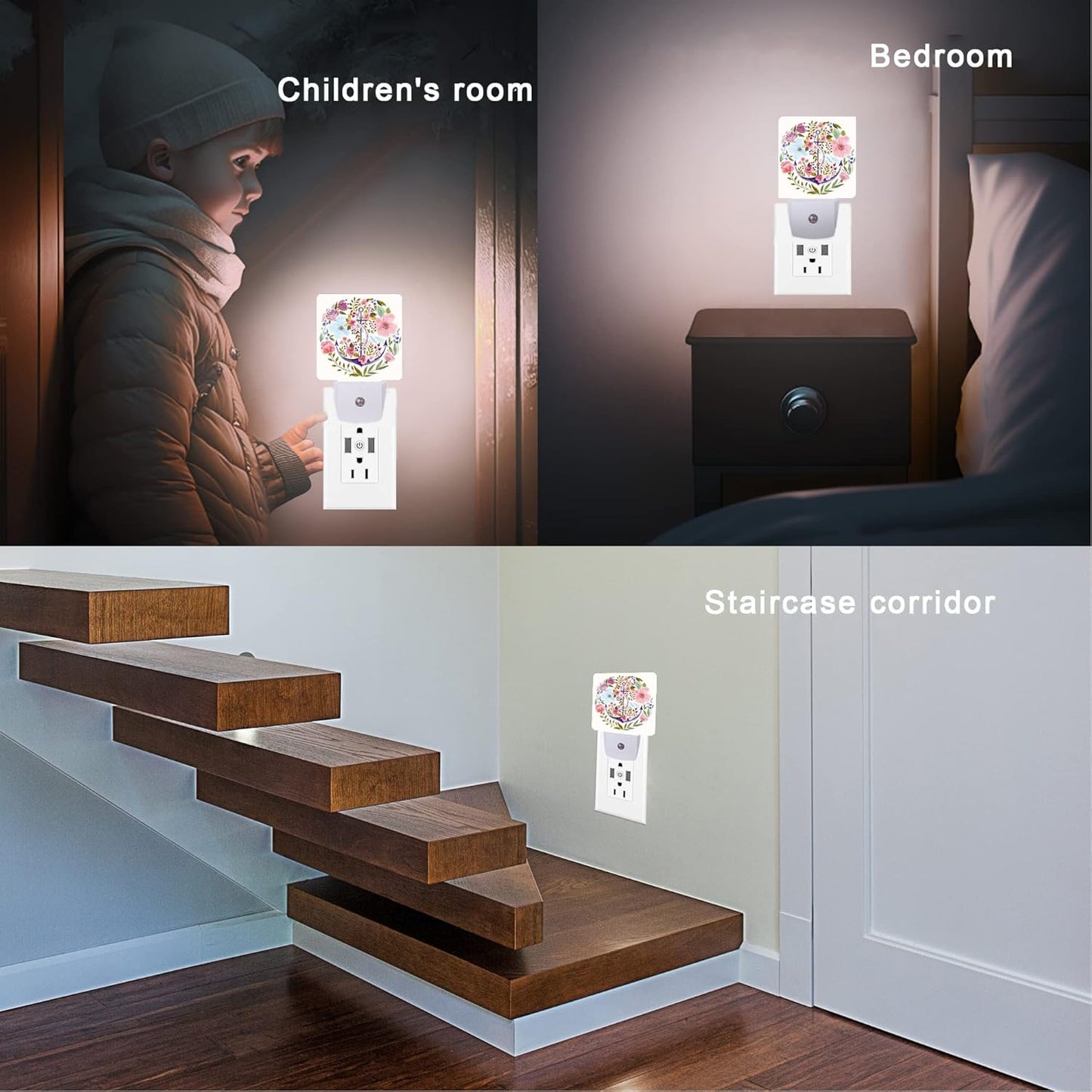 Anchor Night Light,Watercolor Floral Plug in Night Lights 0.5W Sleep Friendly for Boys Girls Led Night Light Dusk to Dawn Sensor Nightlight for Stairway/Hallway/Kitchen