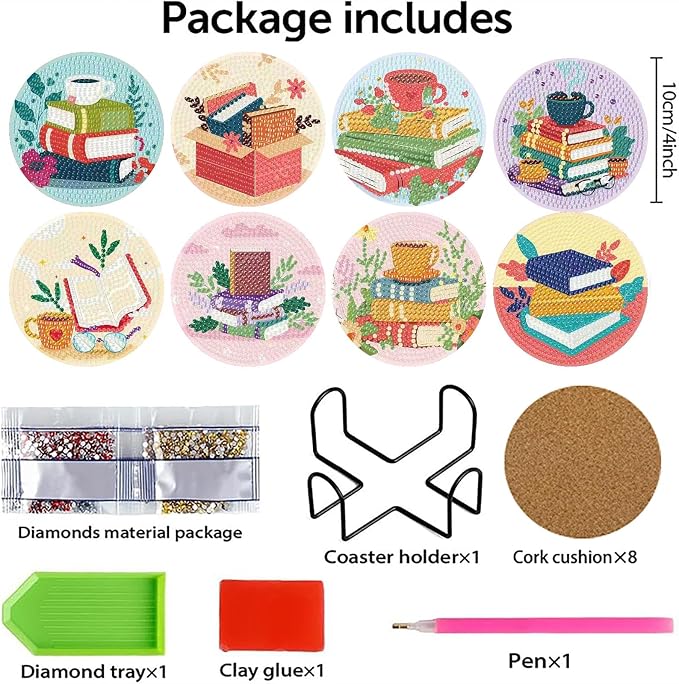 8 Pcs Book Diamond Art Coasters Kit
