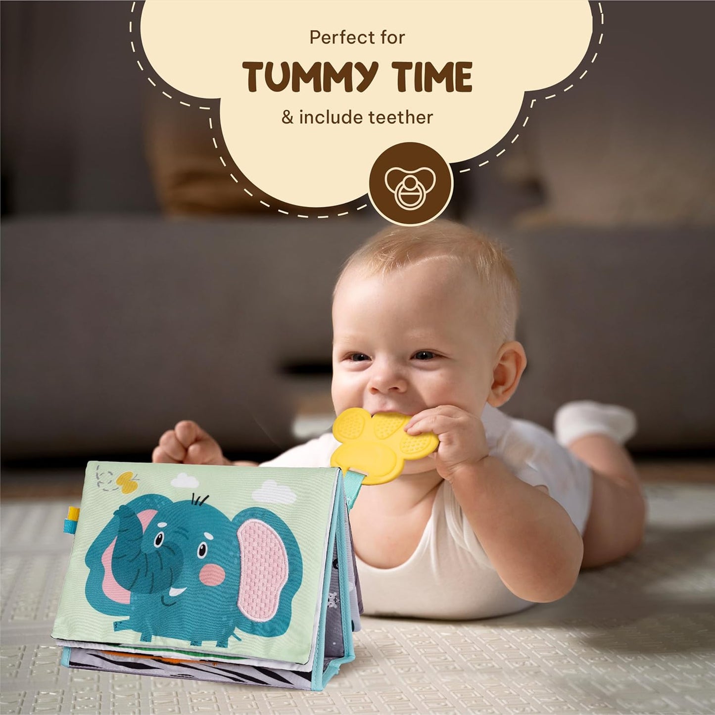 Tummy Time Mirror for Babies - High Contrast Baby Mirror Book with Silicone Teether & Crinkle Pages - Tummy Time Toys for Babies 0 3 6 9 Months
