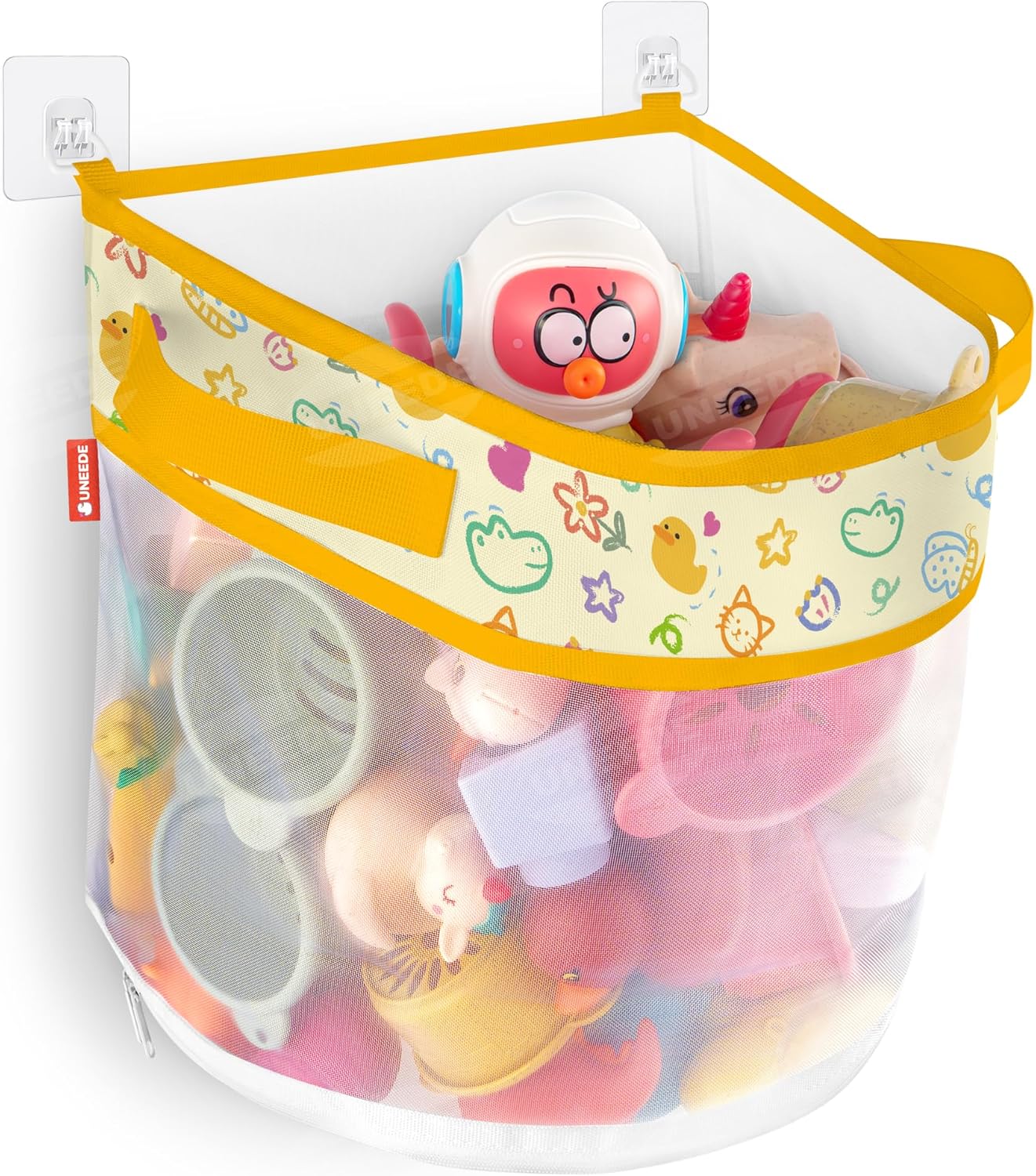UNEEDE Duck Print Bath Toy Organizer, 4.15 Gallons Bathtub Toy Holder, Quick Dry Mesh Shower Caddy, Yellow Duck Stuff