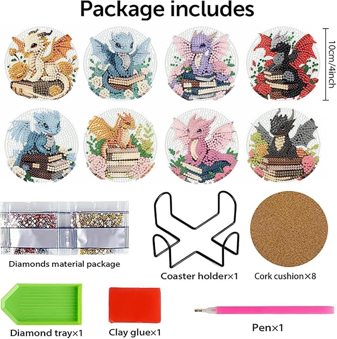 8 PCS Diamond Art Coasters Kits Dragon Book Diamond Painting Coaster | Diamond