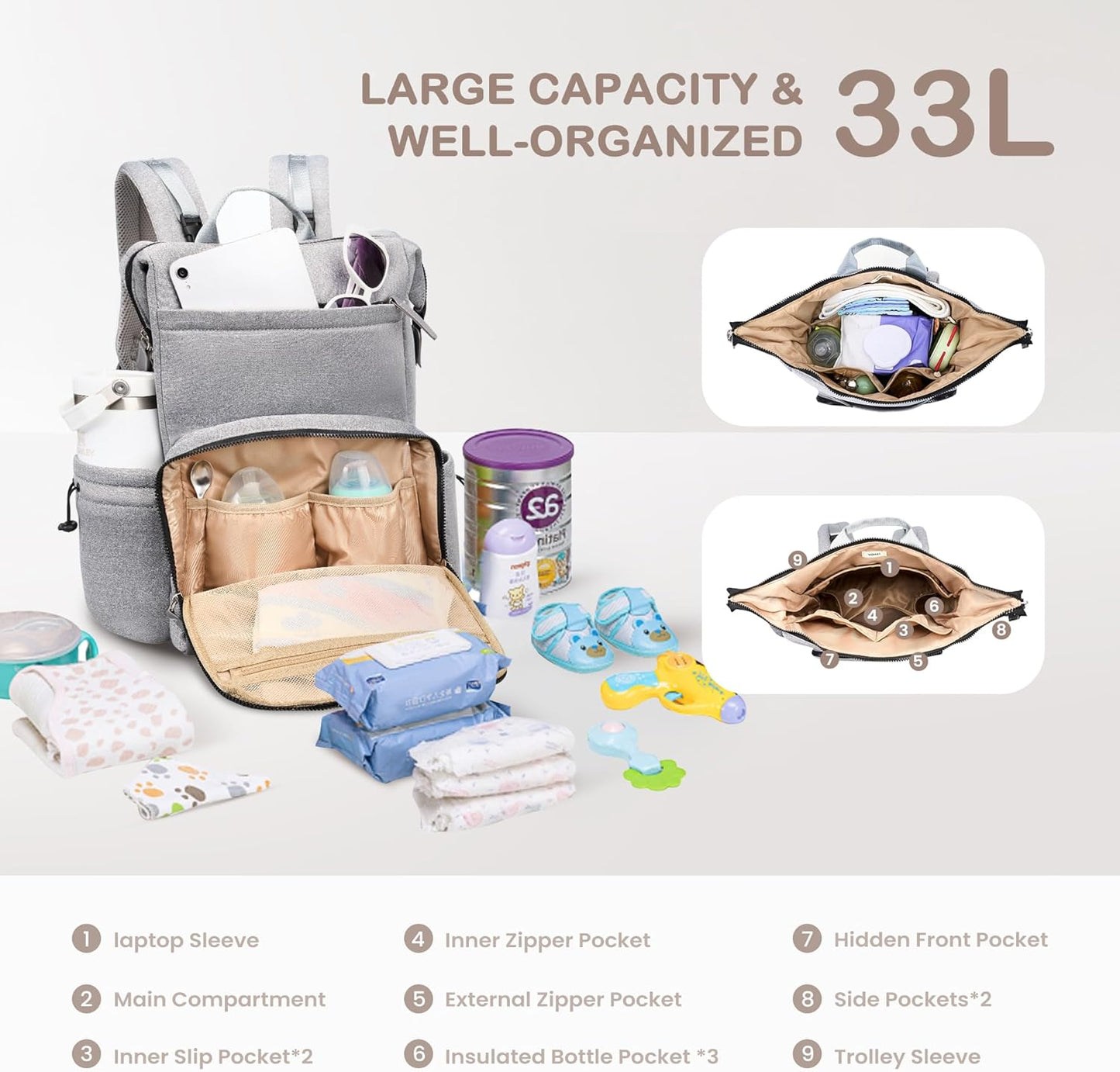 VONAL Neoprene Diaper Bag Backpack with Changing Pad, 33L Large Capacity Neoprene Backpack Baby Diaper Bag with Insulated Pockets, Travel Diaper Backpack Baby with 12 Pockets for Mom & Dad, Gray