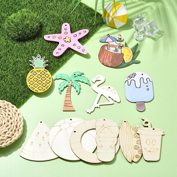 32 pcs Mixed Styles Beach Theme Unfinished Wood Cutout Charms Watermelon Ice