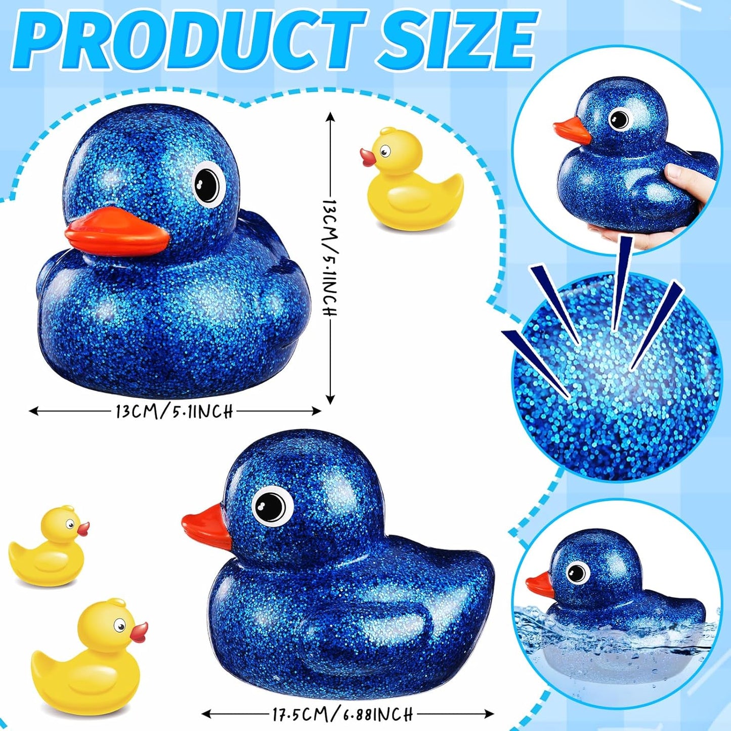 Honoson 6.89 Inch Giant Glitter Rubber Duck Big Glitter Rubber Duck Large Sparkly Duckling Bath Toy with Squeaky Sound for Summer Baby Shower Birthday Party Favor Gift(Dark Blue)