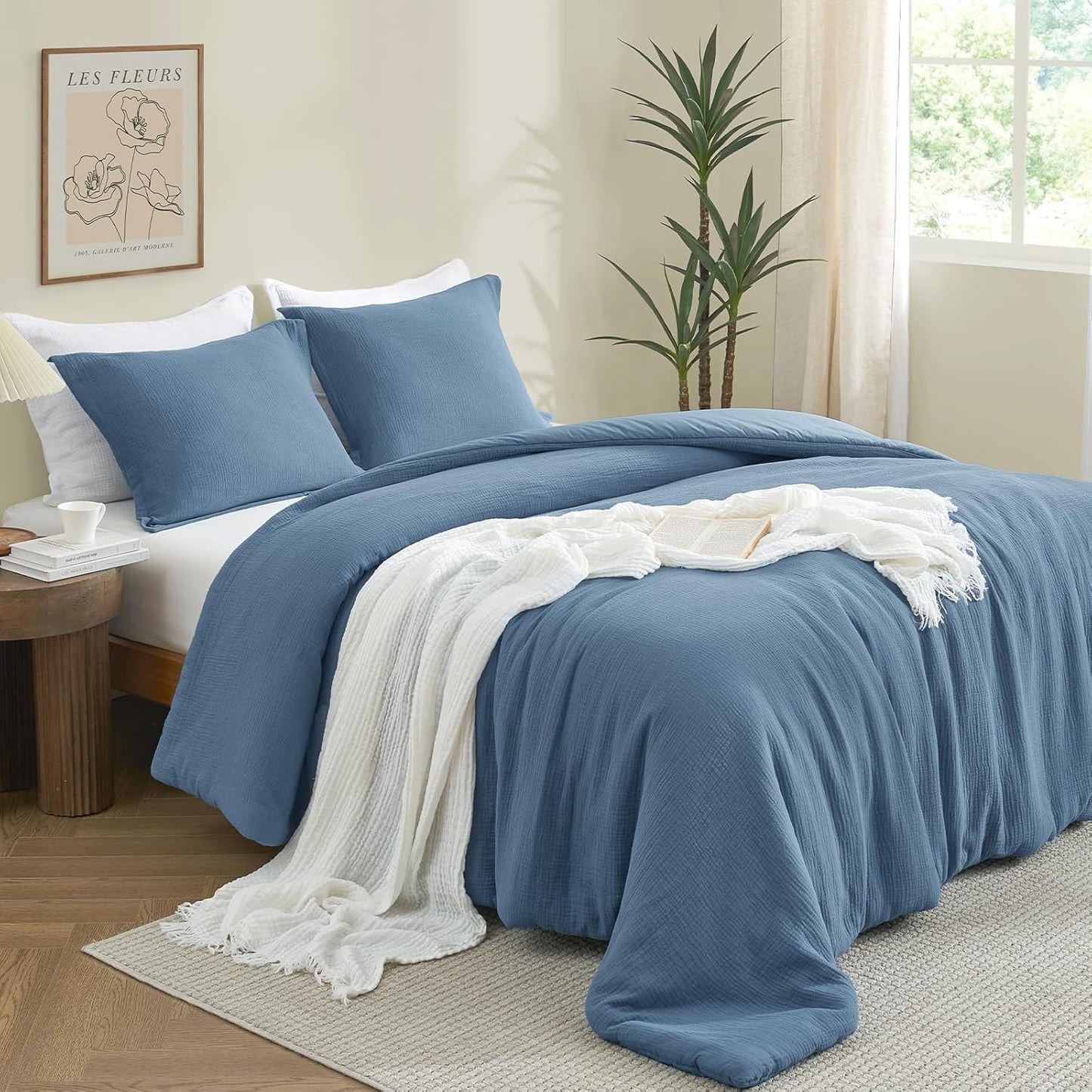 PHF 100% Cotton Muslin Comforter Set King Size – Ultra Soft, Breathable & Lightweight Bedding Set for All Seasons, 3 Pieces (1 Comfy Comforter 104"x90", 2 Pillow Shams 20"x36"), Captain's Blue