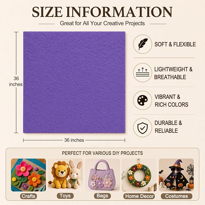 Lavender Large Felt Fabric 36" x 36", 1.4 mm Soft Felt Sheet, Nonwoven Fabric