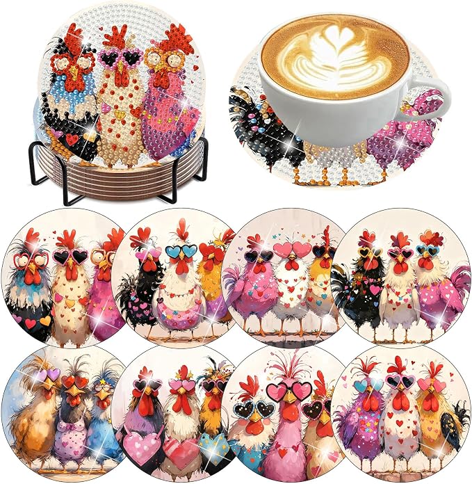 Zythron 8 Pack Diamond Art Coasters, Chicken Diamond Painting Coasters Kits |