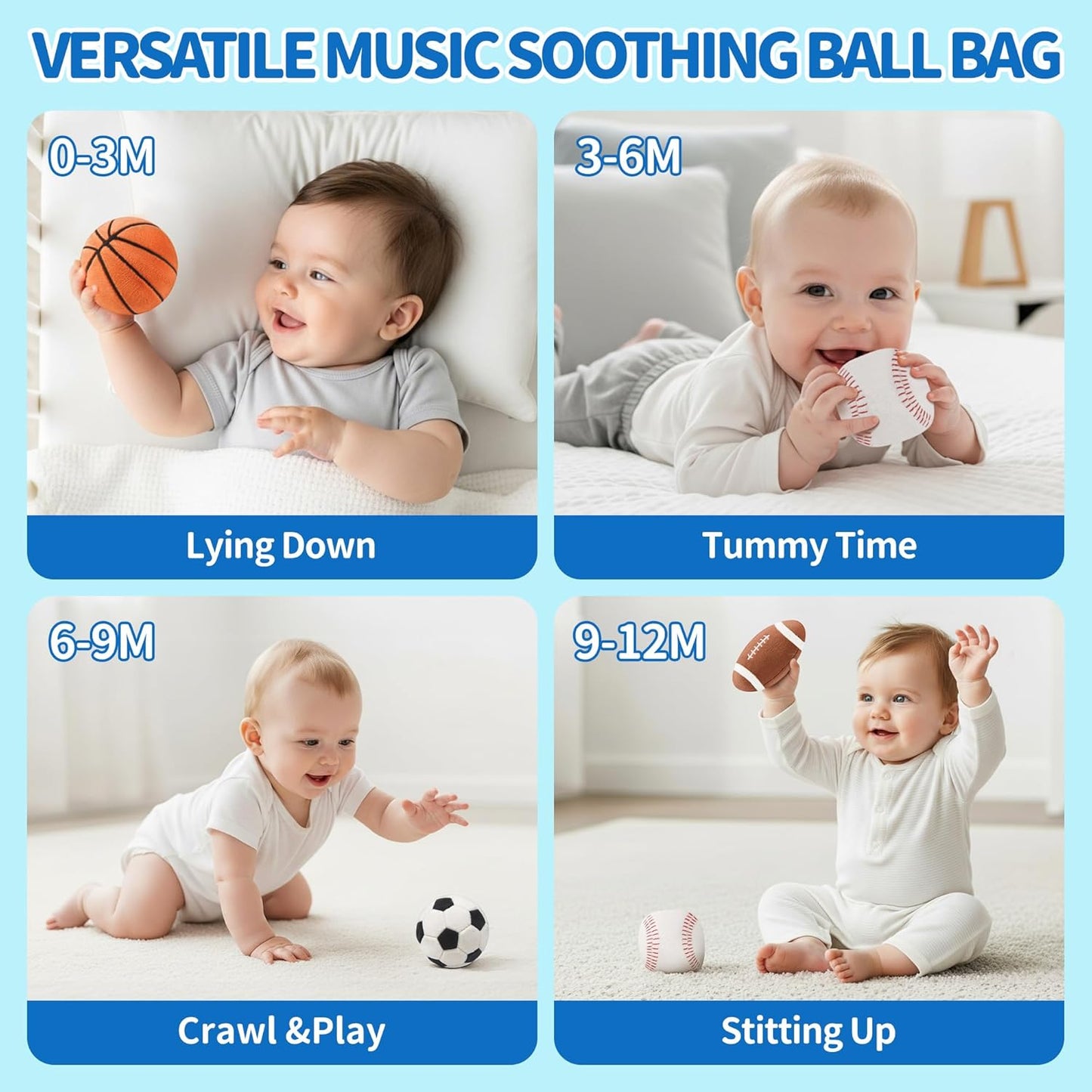Baby Boy Toys 6-12 Months – My First Sports Bag Musical Infant Toys with 4 Sensory Balls – Basketball, Football, Baseball, Soccer – Rattle, Squeaker, Mirror for 3-6-9-12 Month Old Baby Christmas Gifts