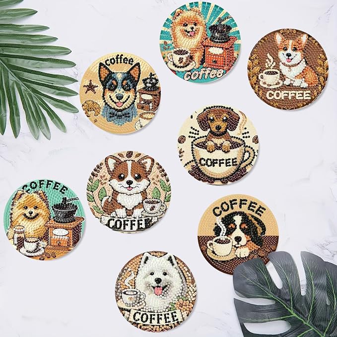 Clendo 8 PCS Coffee Dog Diamond Art Coaster Kits