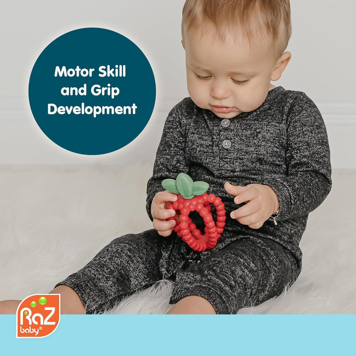 RaZbaby Bites Silicone Baby Teething Toy – Sensory Toy with Textured BerryBumps for Teething Relief, Easy-to-Hold Fruit Shape, BPA-Free, Soothes Front & Back Teeth – Gift for Babies, 3 Months+, Blue