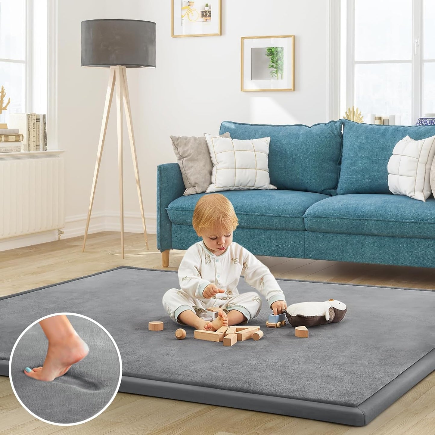 Baby Play Mat for Floor Tummy Time Mat Nursery Muscle Area Rug Playroom Rug Tatami 47"*47" Memory Foam 1.3" Thick Crawling For Babies,Toddlers, Infants, Kids,Floor(Grey)