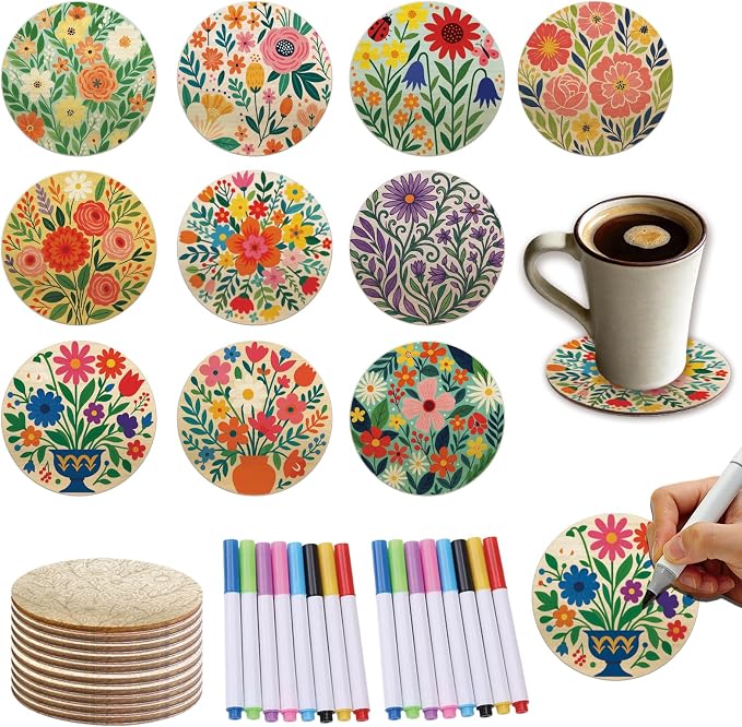 26PCS Wood Coasters Craft Kit 10 Paint You Own Coaster