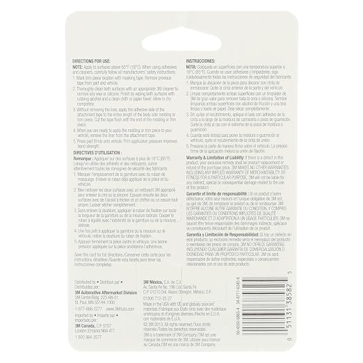 3M Auto Exterior Attachment Tape, 1/4 in x 5 ft, Heavy Duty Double-Sided