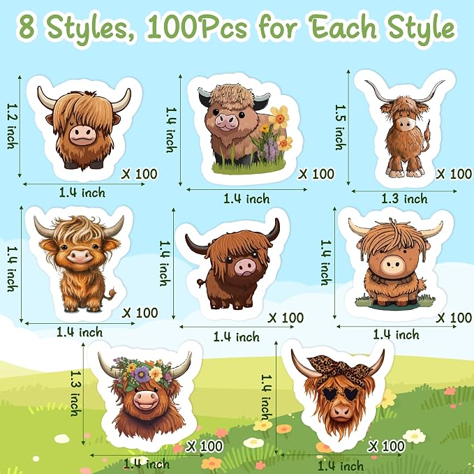 800Pcs Cute Highland Cow Roll Stickers Hyland Cattle Decals | 8 Styles