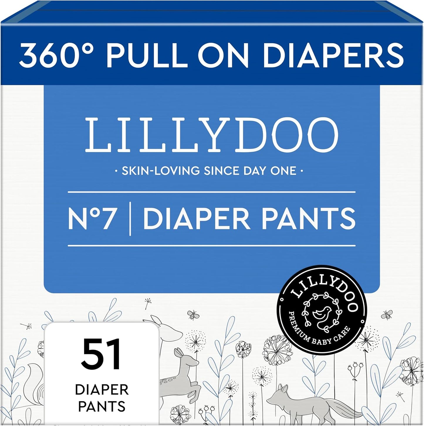 LILLYDOO Diaper Pants Toddlers - Size 7 (33+ lbs), Half-Monthly Supply (51 Count), Skin-Friendly, Ultrasoft, Chlorine-Free, Snug Fit & Absorbent Pull On Diapers