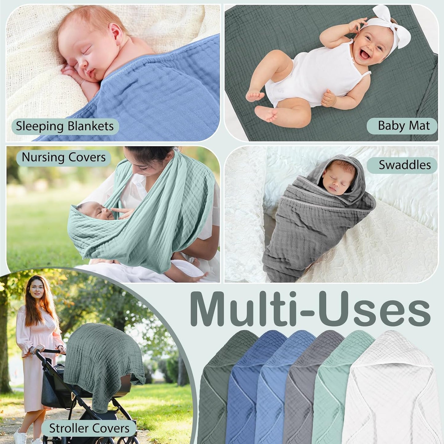 Peryiter 6 Pcs Muslin Hooded Baby Towels, 32"x 32" Cotton Newborn Bath Towel Muslin Infant Baby Blankets Absorbent Unisex Newborn Registry Gift Essentials for Girls Boys (Blue Series)