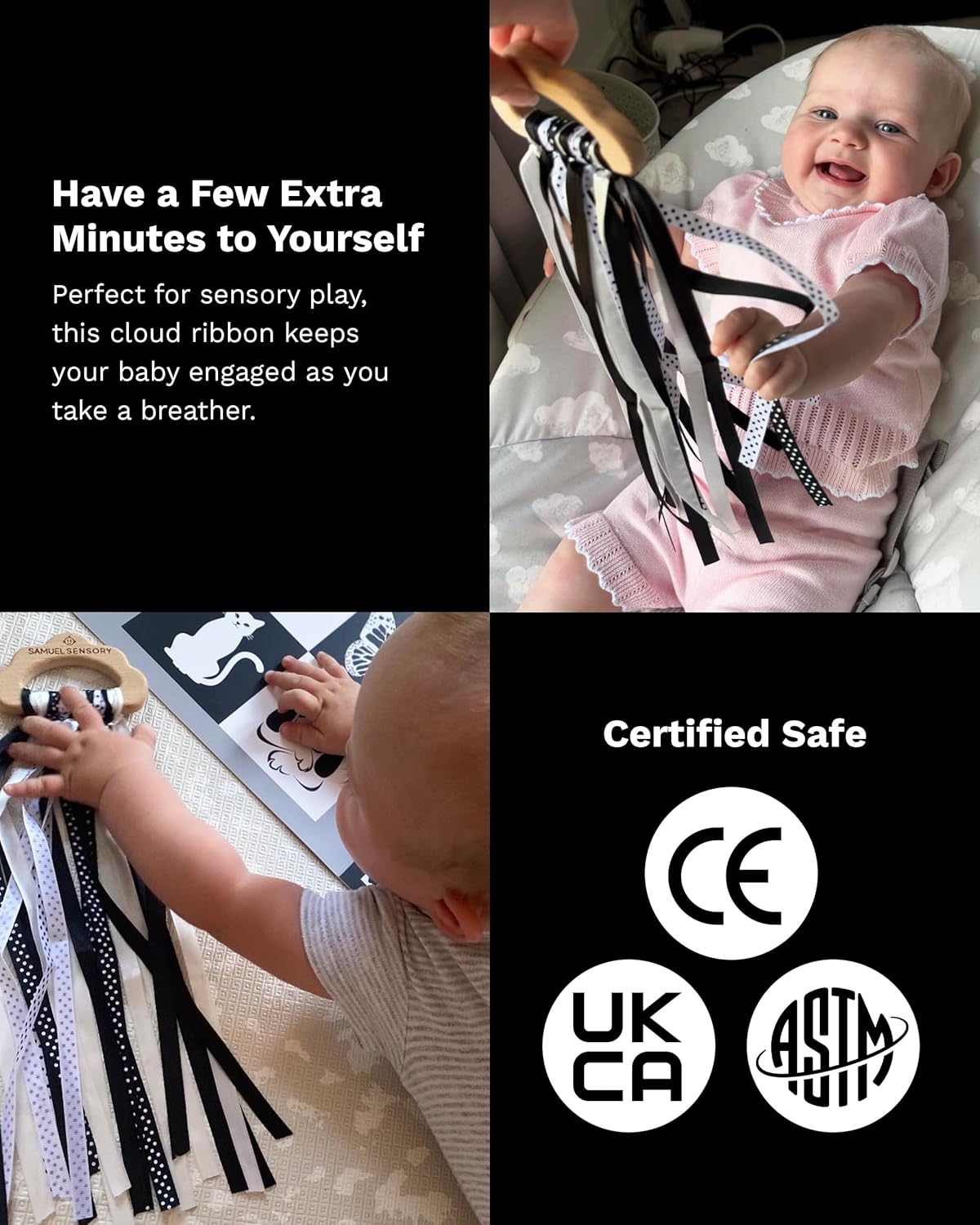 Samuel Sensory Toys Cloud Ribbon - Black and White Baby Toys 0-3 Months Made with Beech Wood & Soft Grosgrain and Satin Ribbon - Developmental High Contrast Baby Toys & Tummy Time Toys