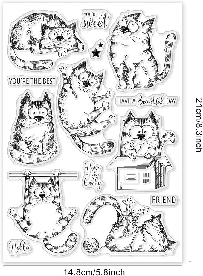 GLOBLELAND 8.3x5.8in Cartoon Cat Clear Stamps Lovely Cat Silicone Stamp Wish