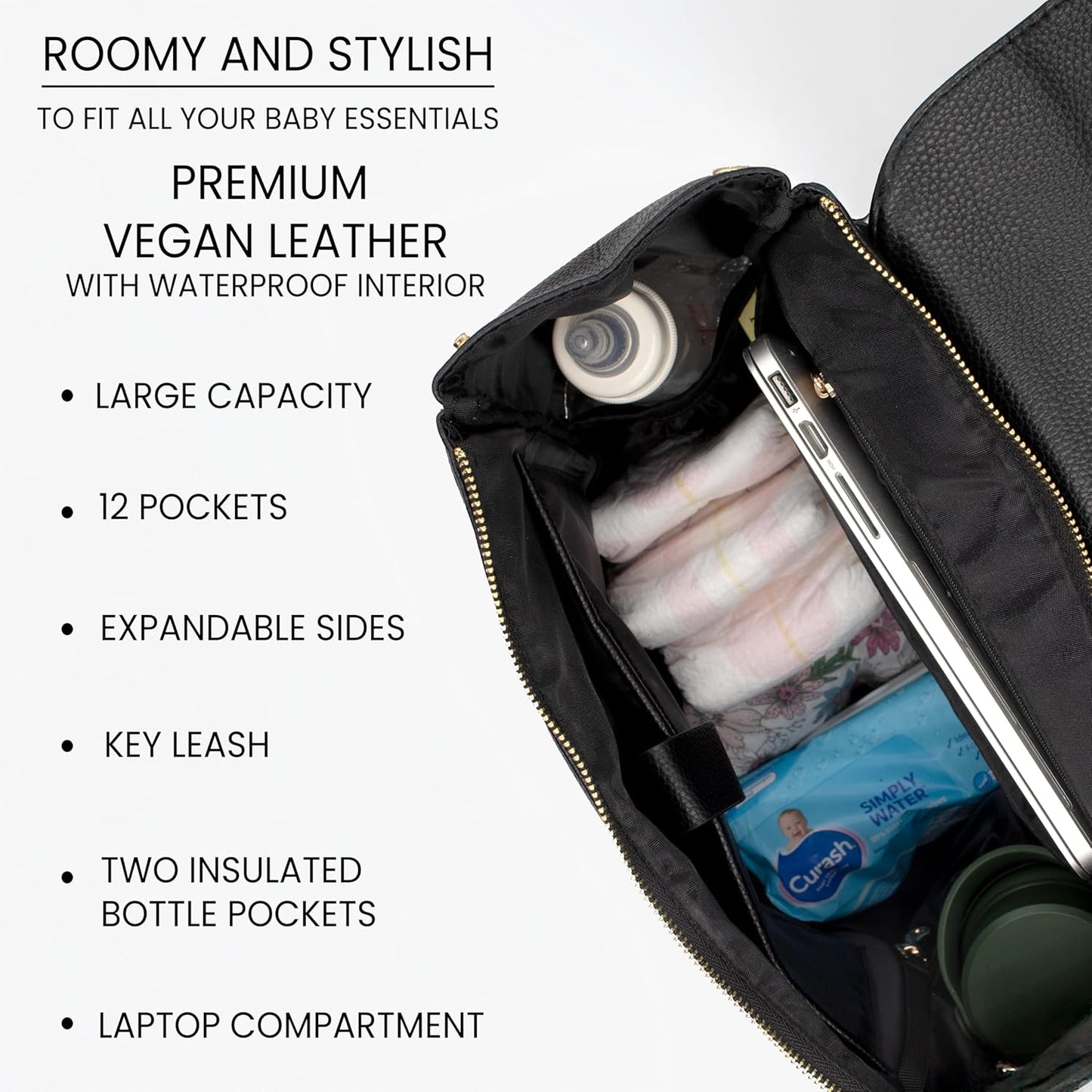 Premium Vegan Leather Diaper Bag Backpack – Large Designer Baby Bag, Stylish Diaper Backpack with Stroller & Crossbody Straps & Multiple Compartments (Black)