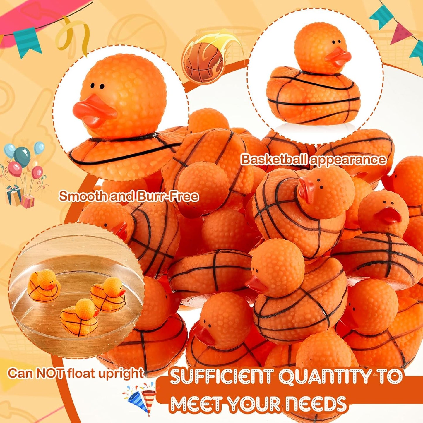 Deekin 24 Pcs Rubber Duck 2 Inch Bulk Sport Party Favors for Birthday Party Decorations Club Player Gift (Basketball)