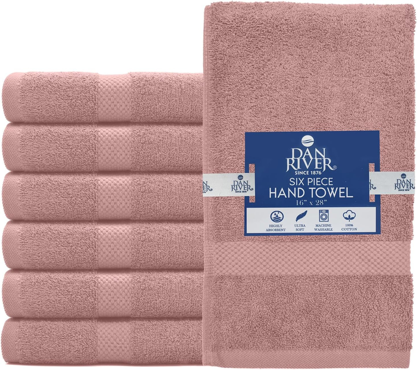 DAN RIVER 6-Pack Premium Hand Towels (16x28 Inches) - 100% Cotton, Ultra Soft, Lightweight, Highly Absorbent Towels for Bathroom, Spa, Gym, Salon, Hotel, and Travel - 550 GSM – Dusty Pink