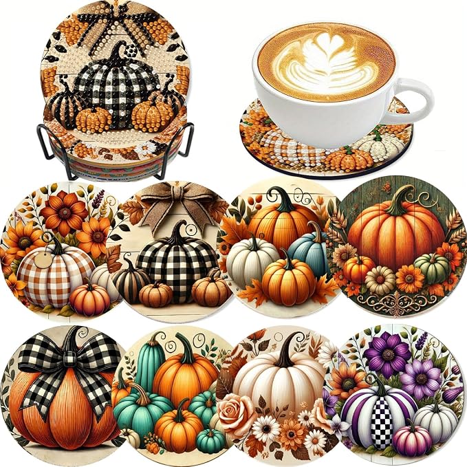 LWZAYS 8 PCS Fall Pumpkin Diamond Art Coaster Kits