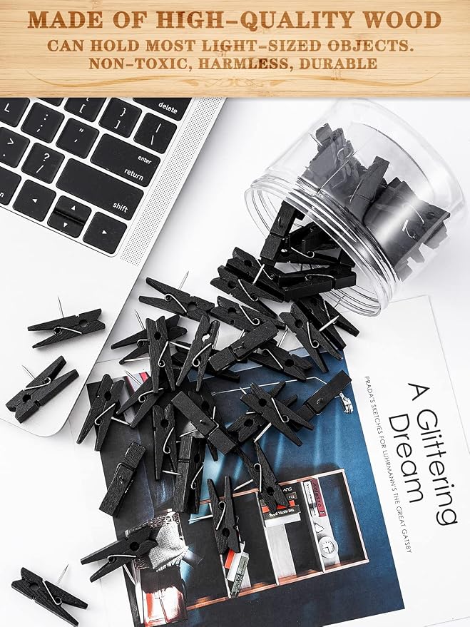 50pcs Black Wooden Push Pin Clips