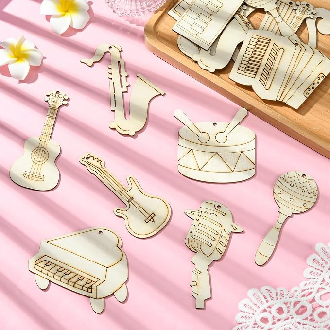30 pcs Mixed Styles Musical Instrument Theme Unfinished Wooden Cutout Charms
