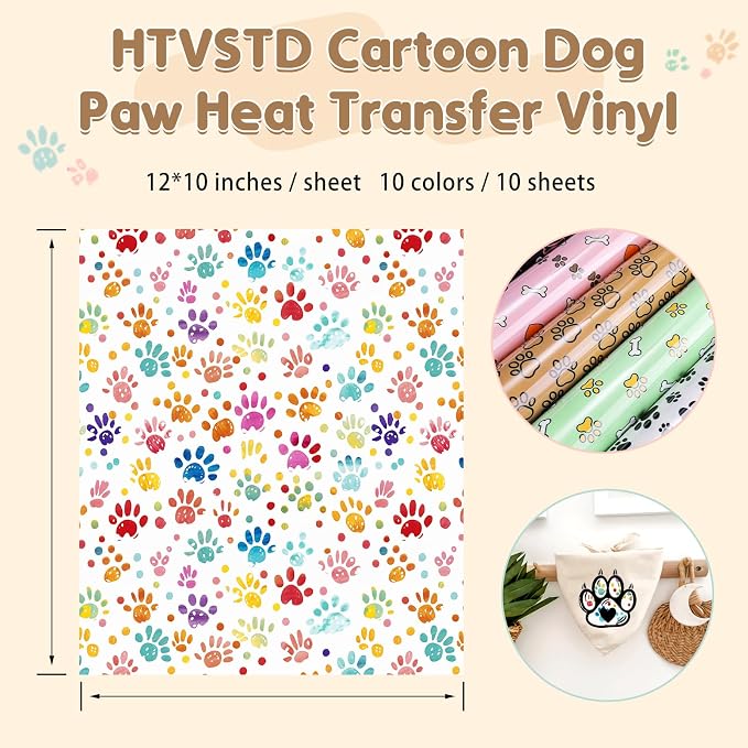 HTVSTD Dog Paw HTV Heat Transfer Vinyl 10Sheets 12×10in Iron on Vinyl | Cartoon