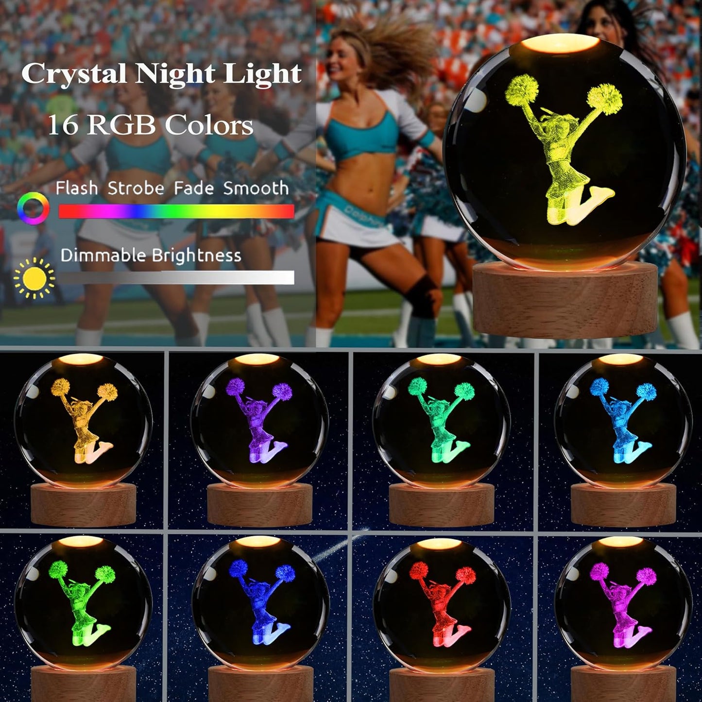 Cheerleader Crystal Night Light, Cheerleader Gifts, K9 3.15 Inch(80mm) Crystal Ball Night Light with 16 Colors Remote Upgraded Lamp for Birthday Xmas Cheering Squad Gifts for Room Decor Girls