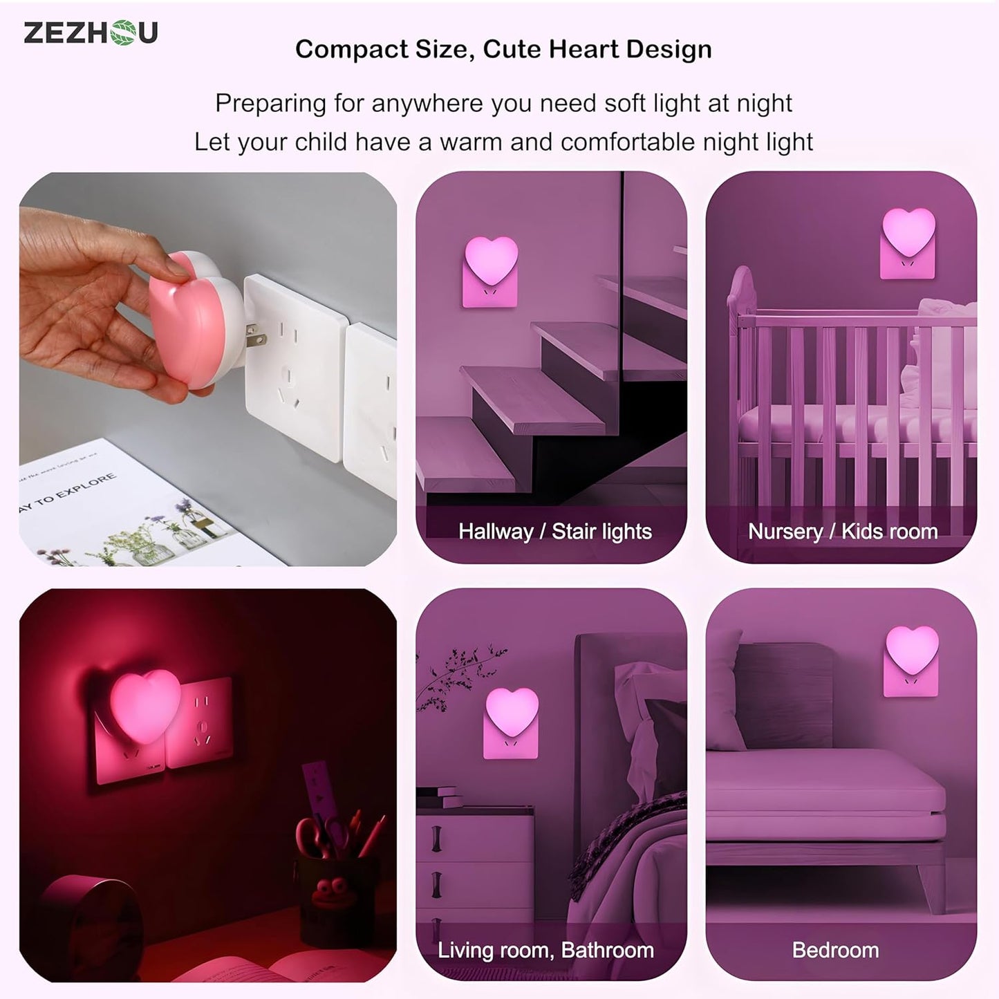 Night Lights Plug into Wall - Heart LED Night Light for Kids, Cute Nightlight Plug in with Auto On/Off Dusk to Dawn Sensor, Soft Warm Lamp for Bedroom, Nursery, Living Room, Bathroom, Hallway, Pink