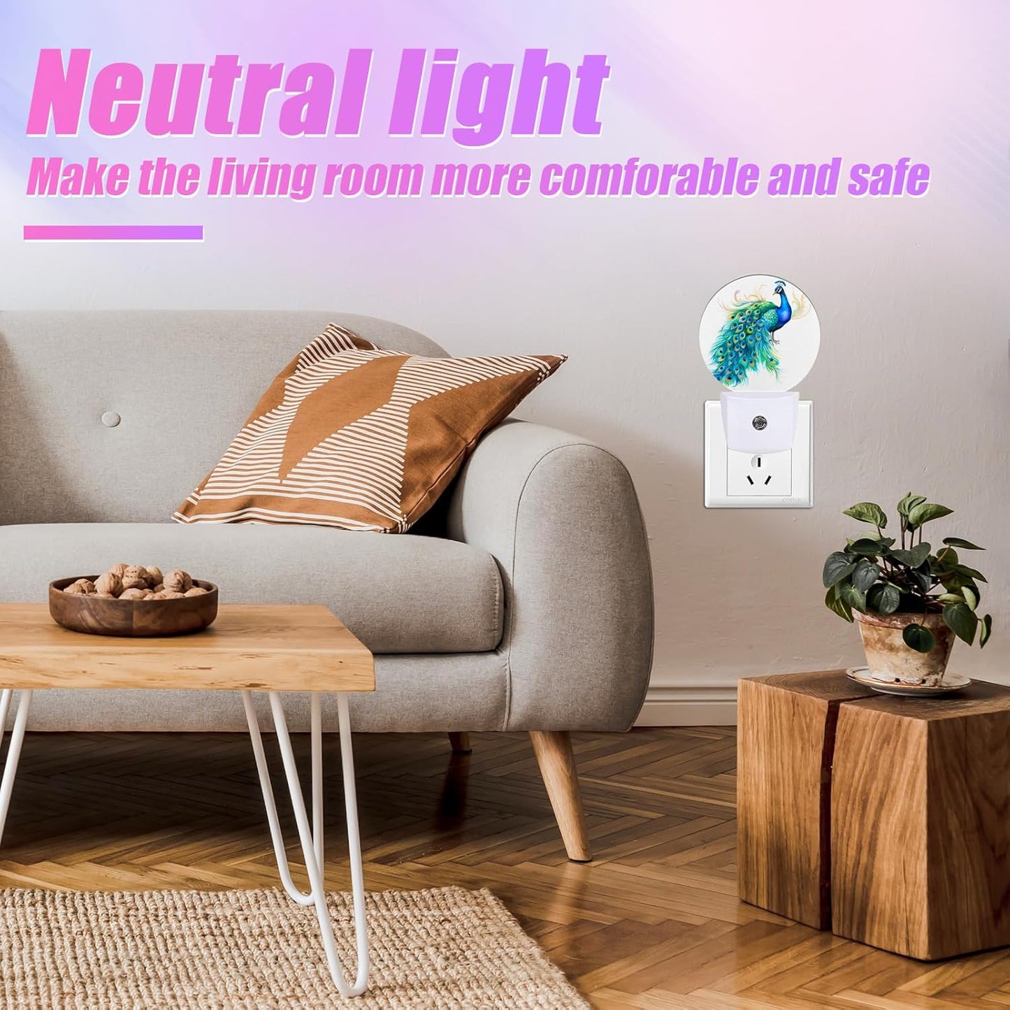 Watercolor Peacock Night Light Feather Night Lights LED Lamp Round Plug into Wall Nightlight with Dusk to Dawn Sensor Home Hallway Stairway Kitchen Decor