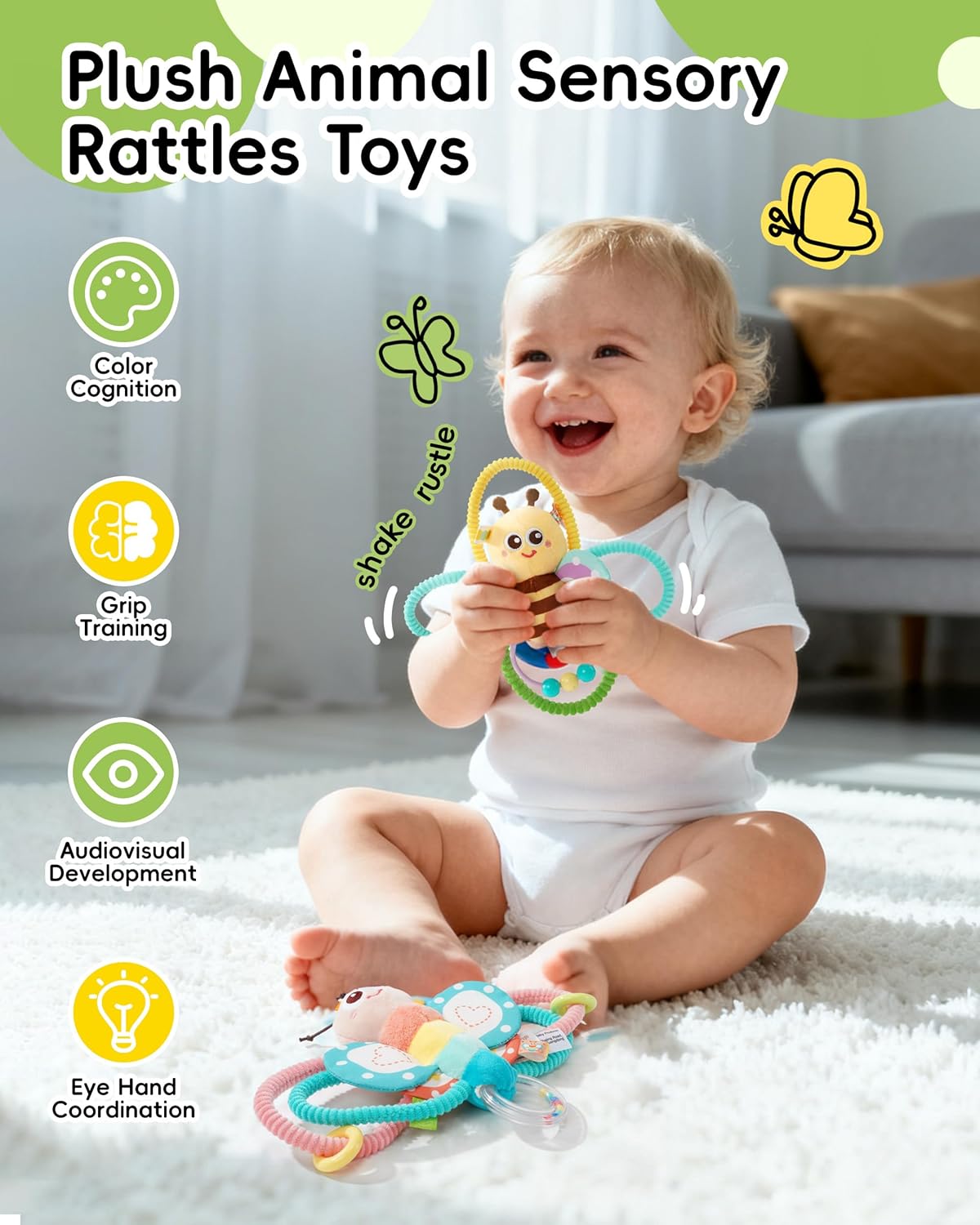 Jollybaby Soft Baby Rattles & Plush Rings Toy for Newborn 0-3-6-12 Months, Sensory Developmental Hand Teether Toys for Infant 0-2-4-7-8-9 Months, Baby Shower & Birthday Gifts - Bee