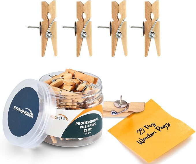 25 Pcs Push Pins with Wooden Clip