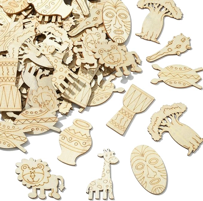 100 pcs Mixed Styles Grassland Animal Theme Unfinished Wooden Cutout Charms