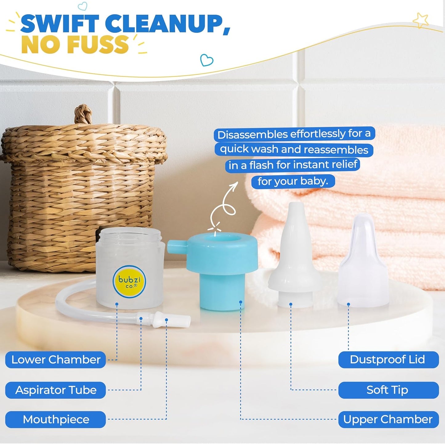 Bubzi Co Quick-Relief Baby Nasal Aspirator, Baby Nose Sucker for Sinus Congestion Relief, Reusable Snot Remover with Storage Case