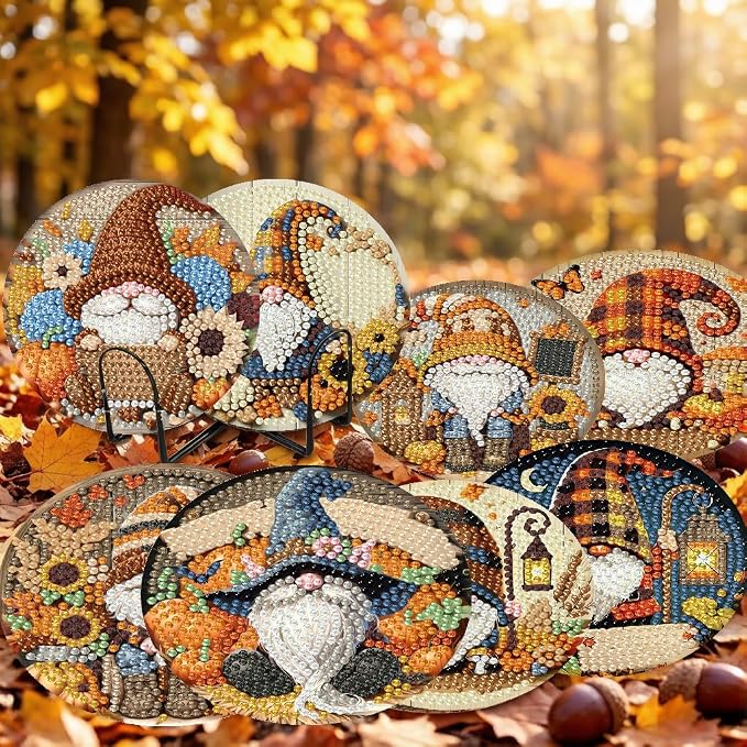 LWZAYS 8 Pcs 5D Autumn Gnome Diamond Art Coasters Kits