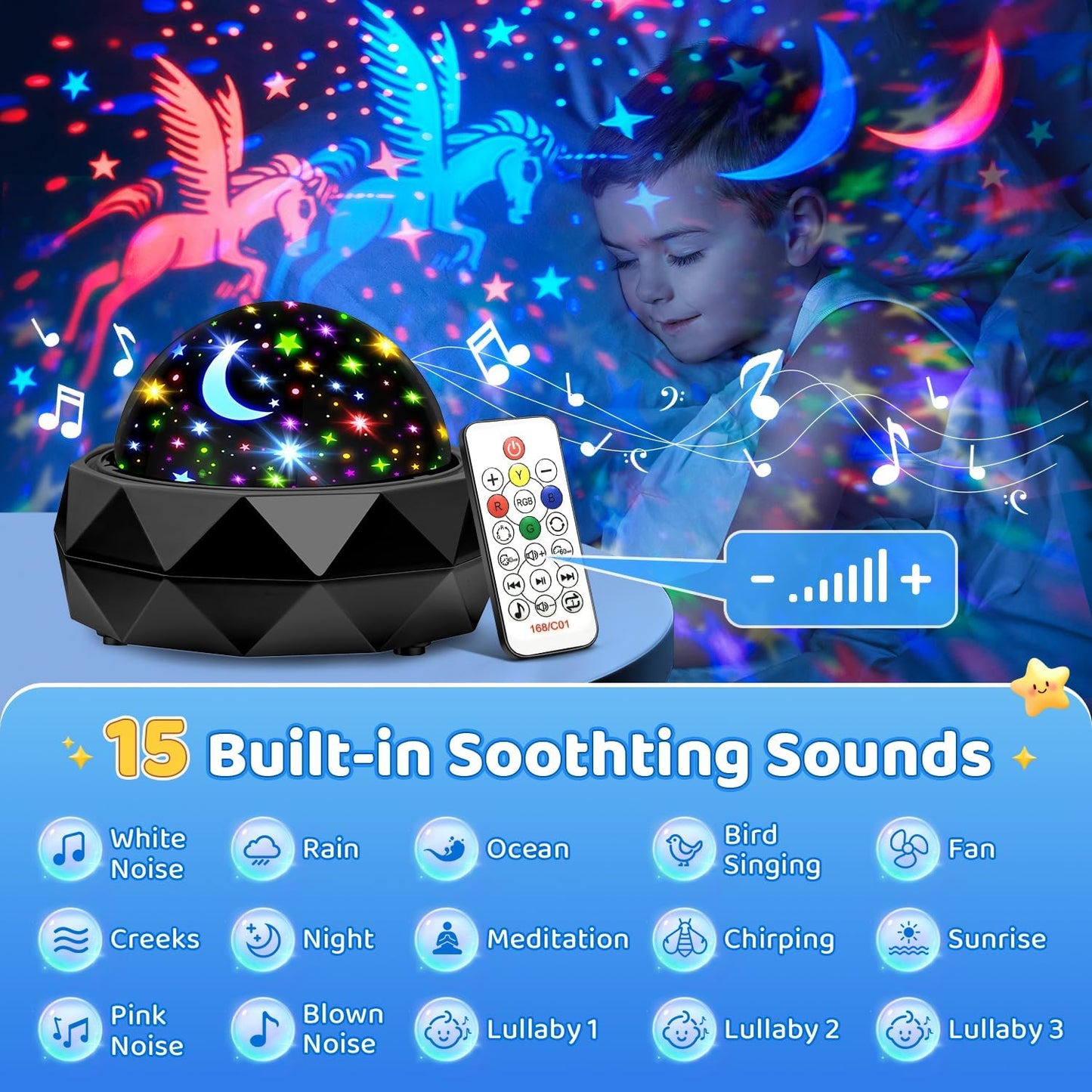 PIKOY Night Light Projector for Kids Room - 15 Colors, 15 White Noise, 3 Films, Remote - Rechargeable Star Lights for Ceiling, Bedroom - Gifts