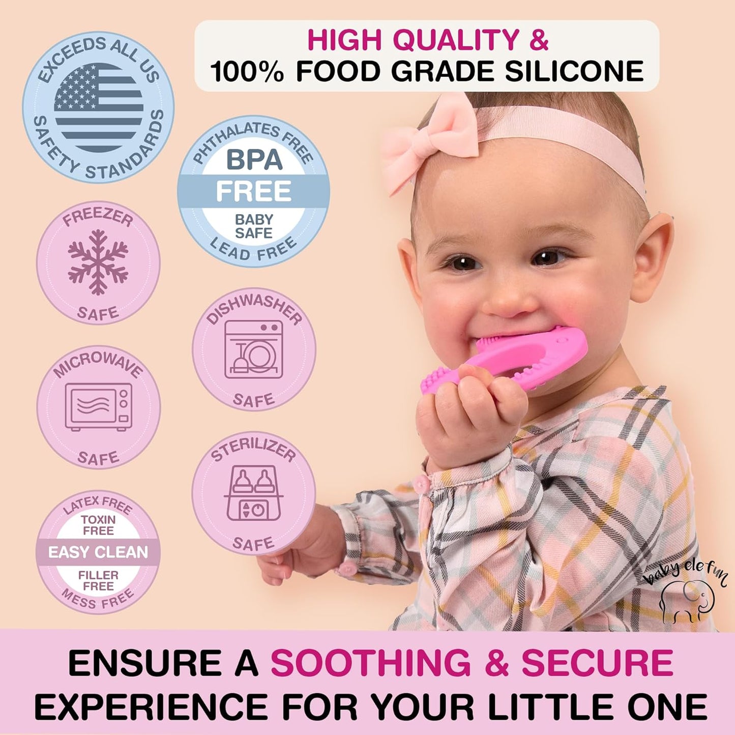 Baby Elefun Baby Teething Toys 5X Pain Relief Zero Delay 0-6 Months Pink