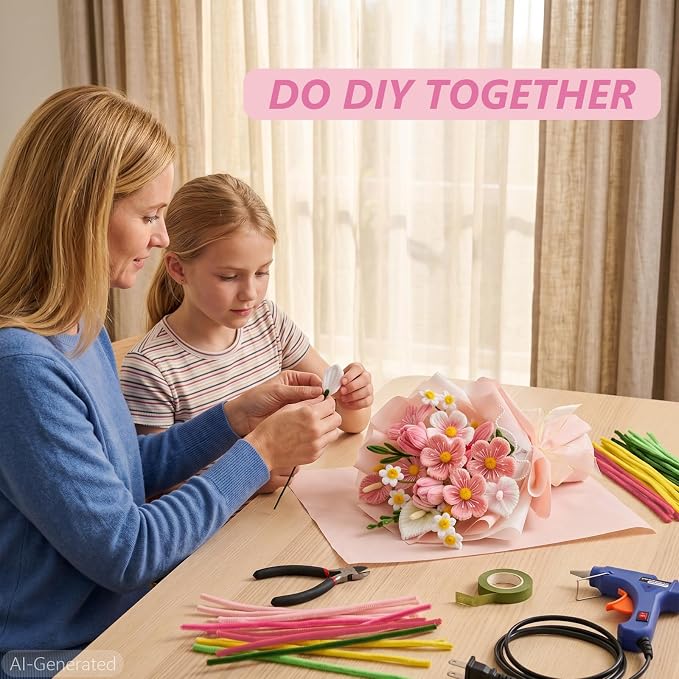 Cwczhi 600 PCS Pipe Cleaners Craft, 9 Assorted Colors Pink Pipe Cleaner Flower