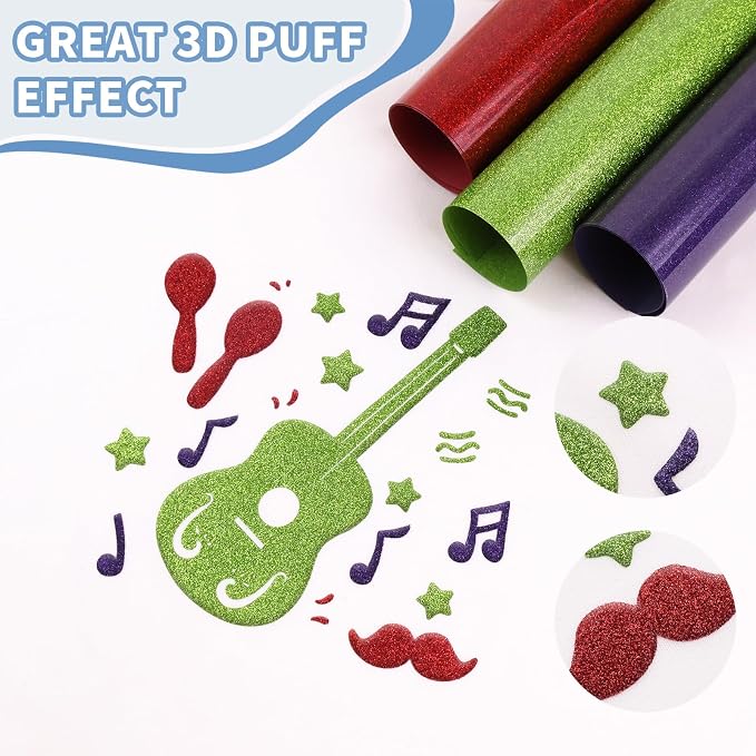 3D Puff Vinyl Heat Transfer, 9 Sheets 12" x 10" Glitter Foaming Puff HTV Vinyl