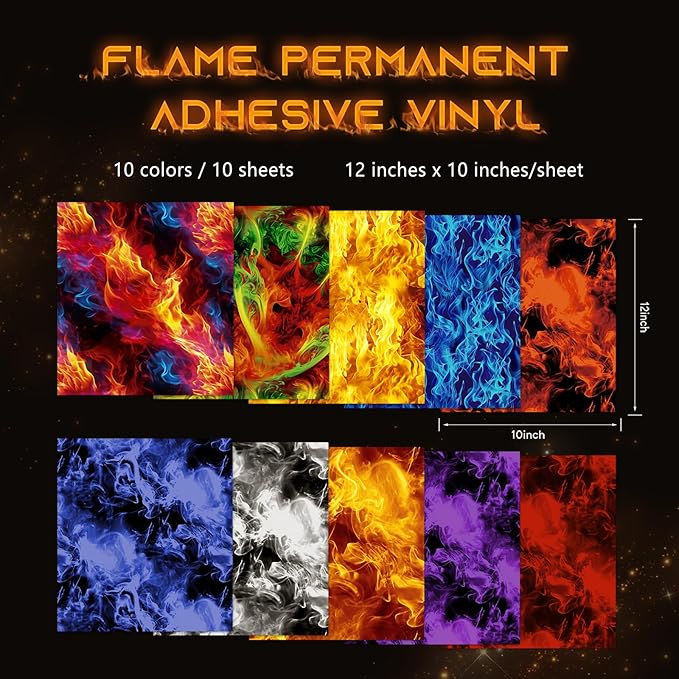 Tintnut Flame Pattern Permanent Vinyl 10 Sheets 12x10in Fire Adhesive Vinyl |