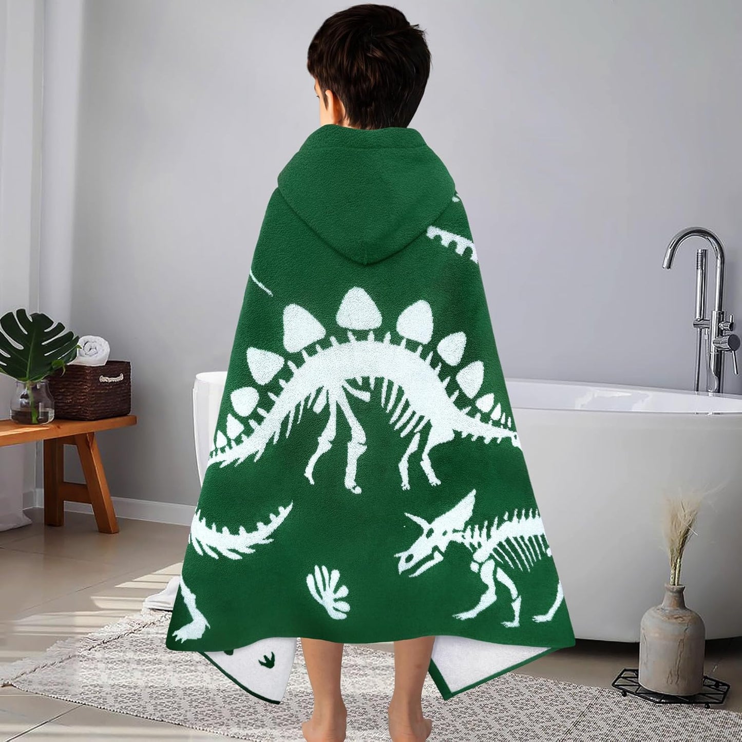 VOOVA & MOVAS Dinosaur Hooded Bath Towels for Kids (3-10Years,30"x53"),Soft Cotton Thick Absorbent Towel Wrap for Toddler Boys,Perfect for Bathroom | Pool | Swimming, Jacquard Green Dino