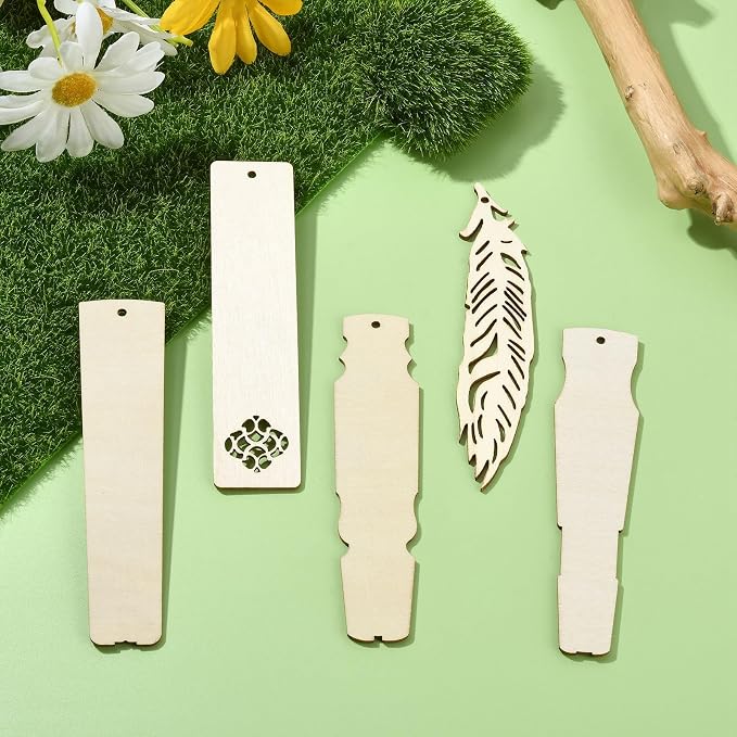 50 pcs 5 Styles Blank Theme Unfinished Wood Cutout Bookmarks Feather Flower