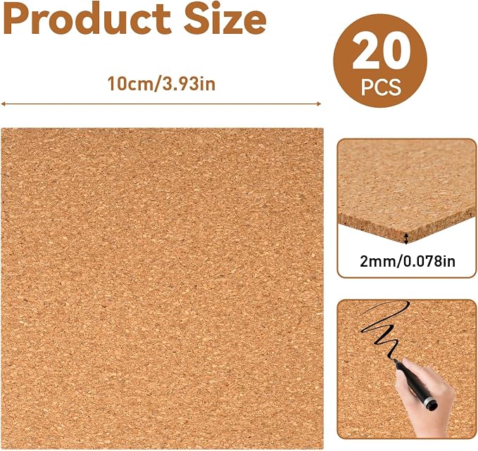 20 Pack Self Adhesive Cork Sheets 4x4 Inch Square, 0.08 in Thick Sticky Back